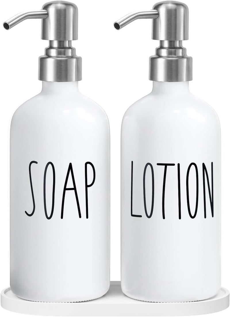 MOMEEMO Hand Soap Dispenser for Bathroom, Soap and Lotion Dispenser Set with Silver Metal Pump, Suitable for Farmhouse Bathroom Decor. (White & Silver) - Image 1
